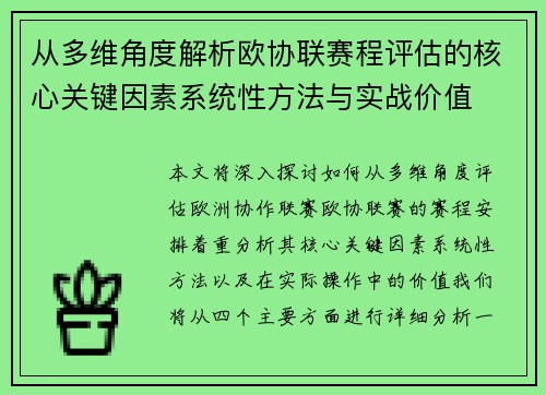 从多维角度解析欧协联赛程评估的核心关键因素系统性方法与实战价值