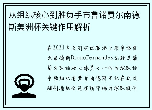 从组织核心到胜负手布鲁诺费尔南德斯美洲杯关键作用解析 从组织核心到胜负手布鲁诺费尔南德斯美洲杯关键作用解析